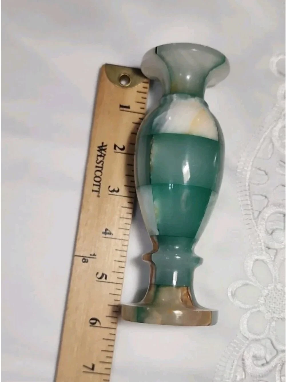 Vintage Green Onyx Stone Vase Checkered Mosaic Patchwork Design  Teal Gorgeous